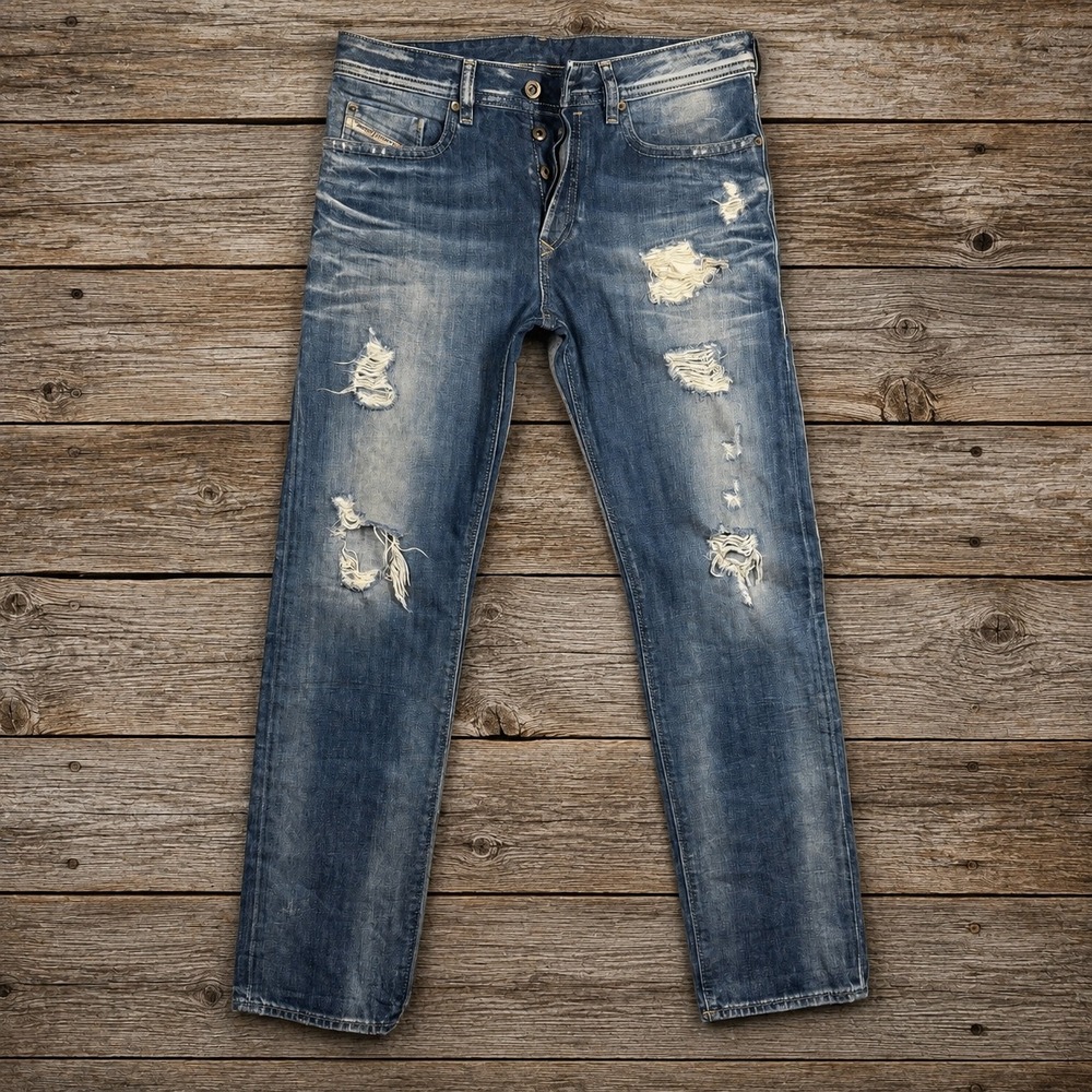 Diesel Buster 0848I Regular Slim-Tapered Distressed Blue Jeans Mens W30 L30